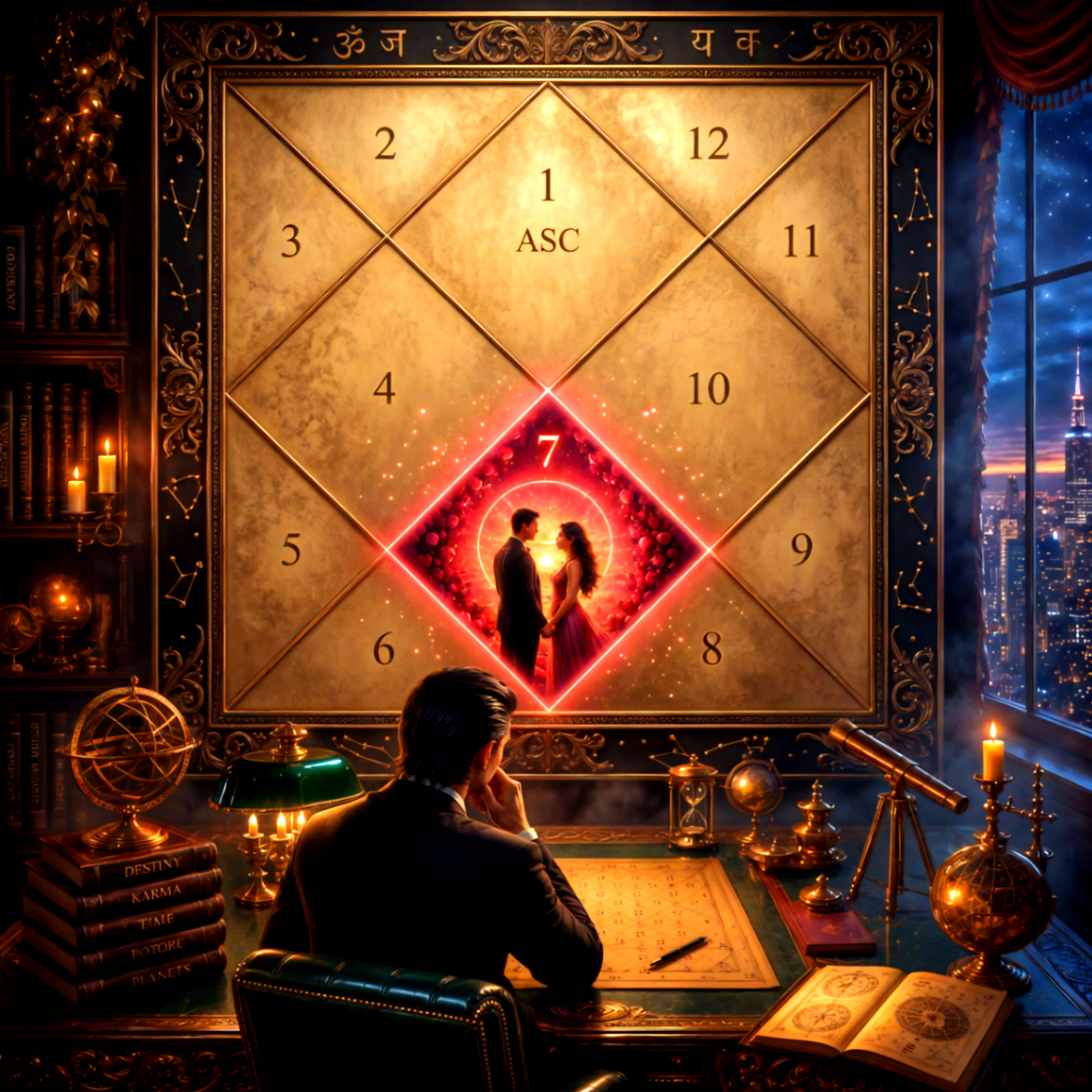 The 7th house illuminated in a Vedic astrology chart symbolizing love and marriage
