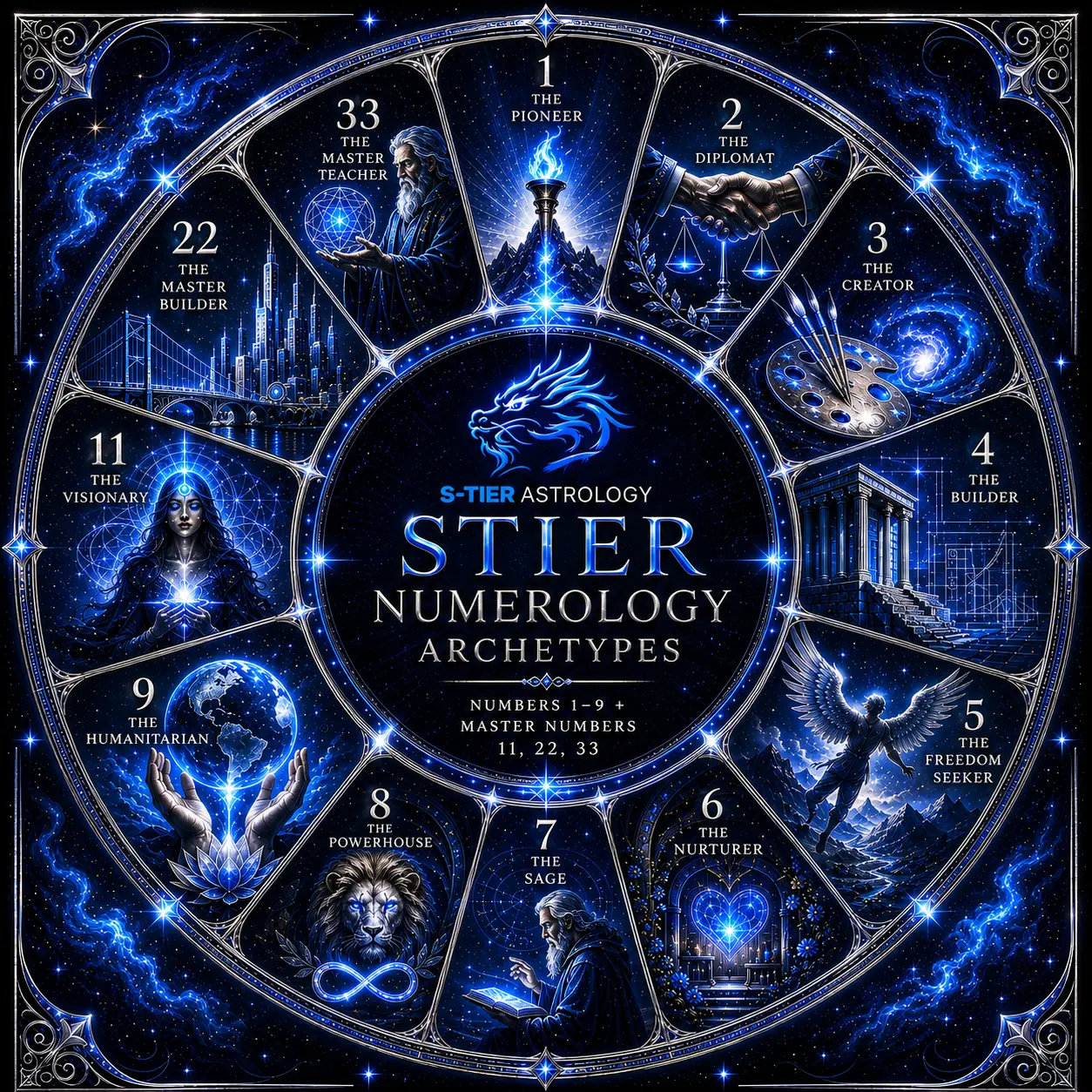 S-Tier Numerology Archetypes wheel showing numbers 1-9 and master numbers 11, 22, 33