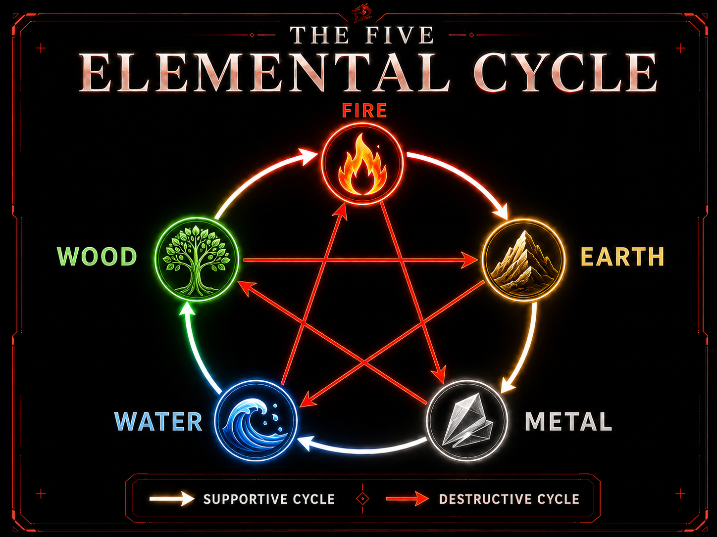 The Five Elemental Cycle — supportive and destructive relationships between Wood, Fire, Earth, Metal, and Water.