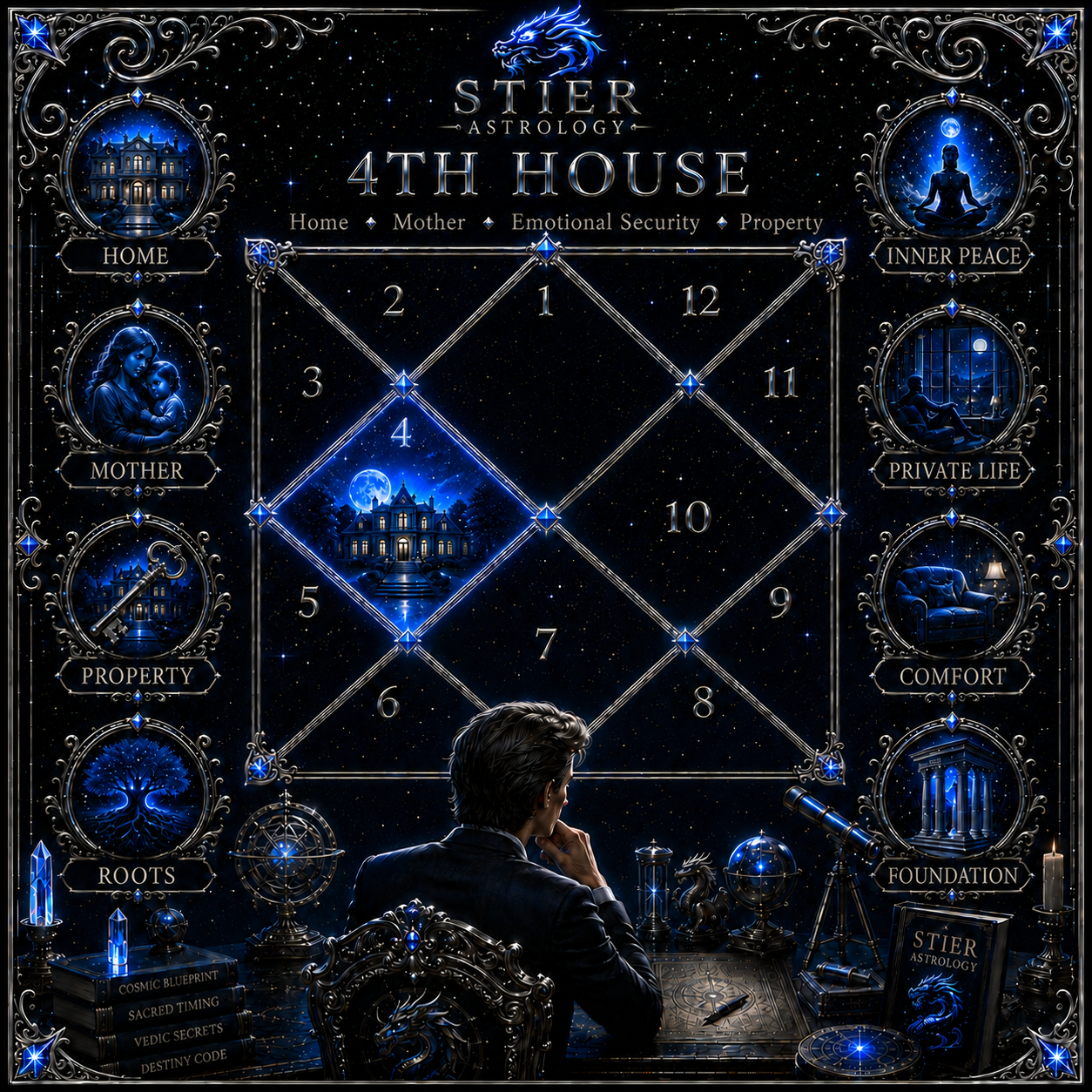 The 4th house illuminated in a Vedic astrology chart symbolizing home, mother, and emotional security