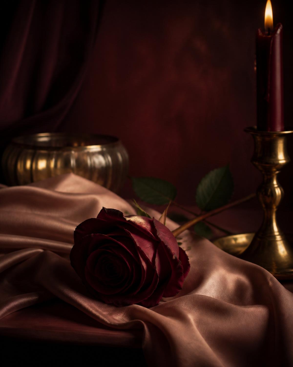 A single red rose on silk by candlelight