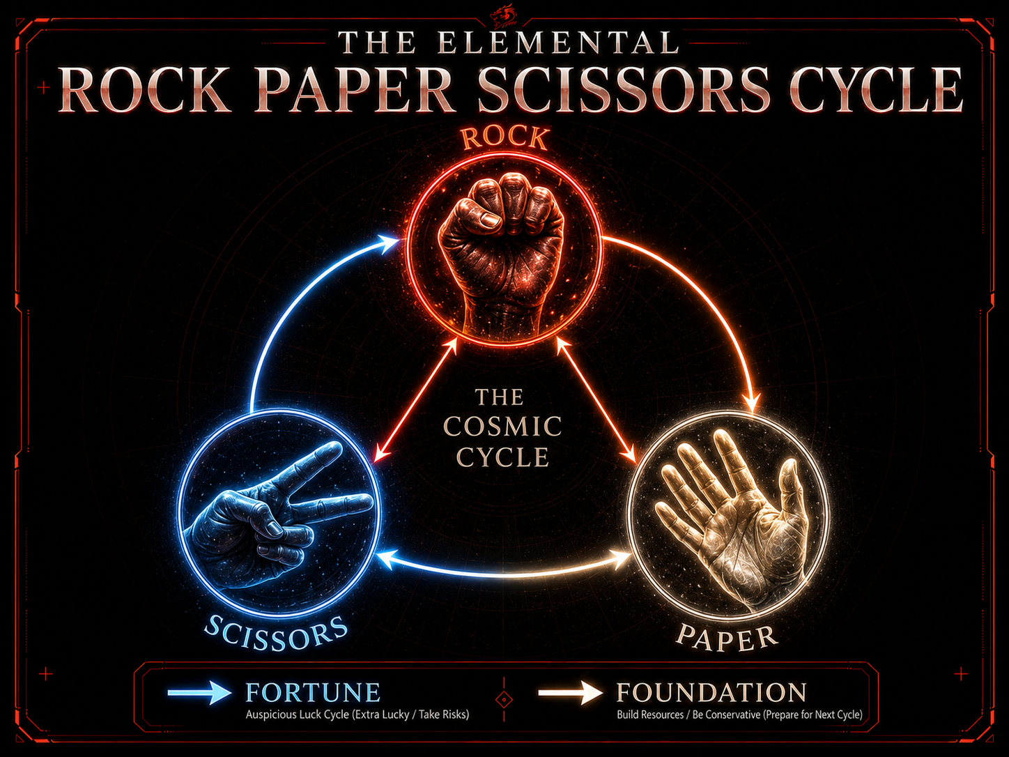 The Elemental Rock Paper Scissors Cycle — Fortune and Foundation cosmic cycle.